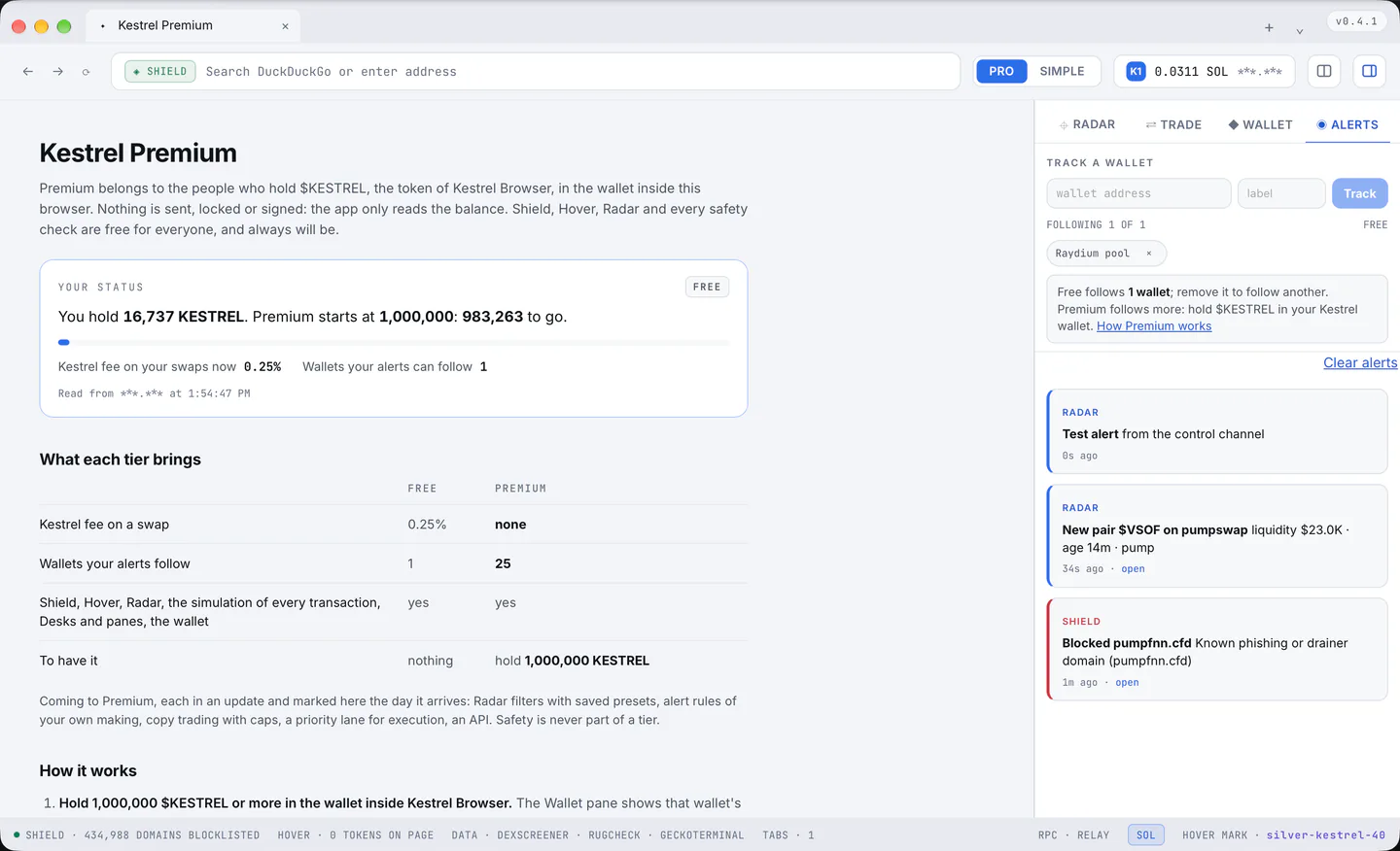 The Alerts pane: a followed wallet, how many the tier follows, and the newest alerts.