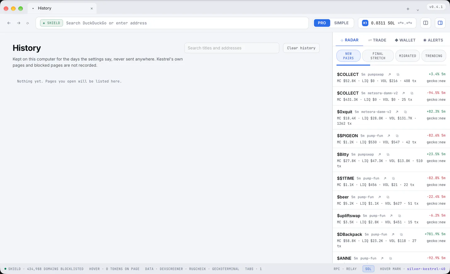 The History page: every visit by day, with a search box over titles and addresses.