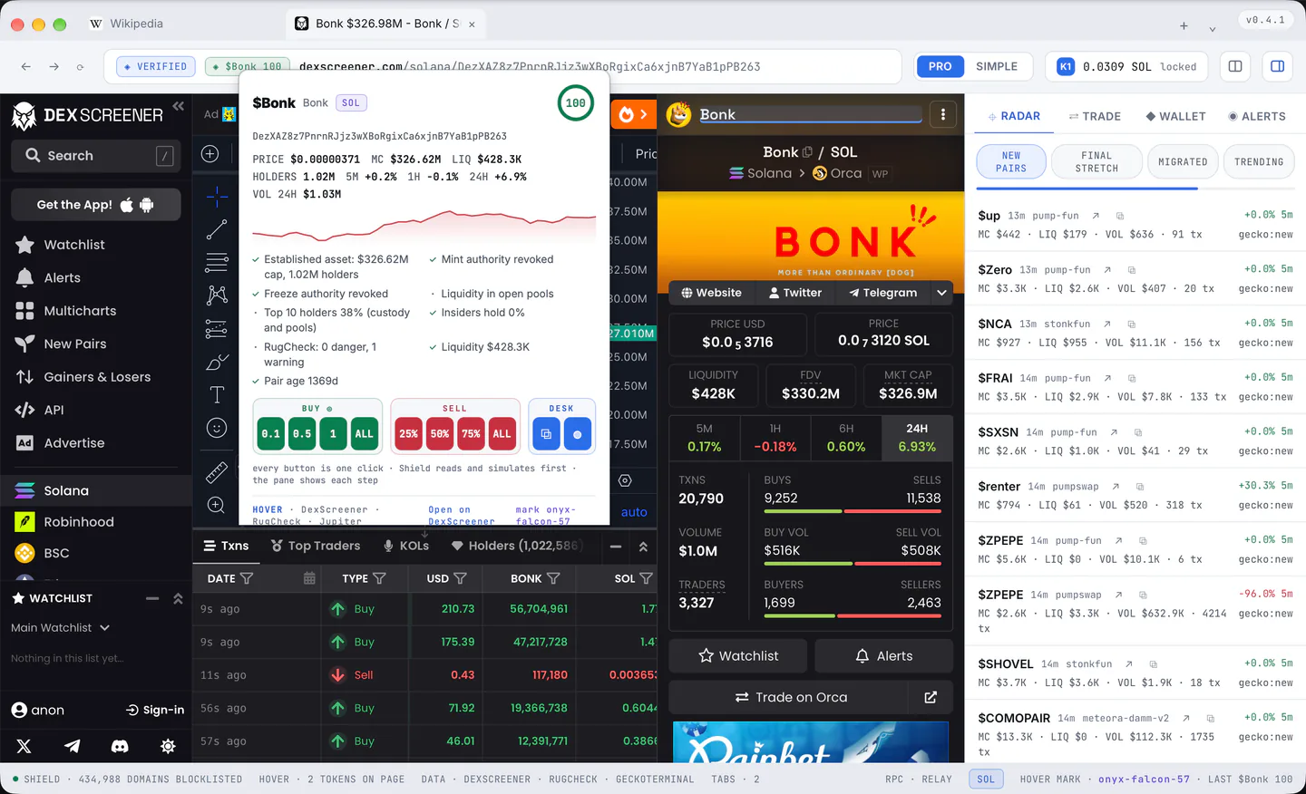 The Hover card over the page: the score ring, the address, the numbers, the checks one by one, and the buy and sell buttons.