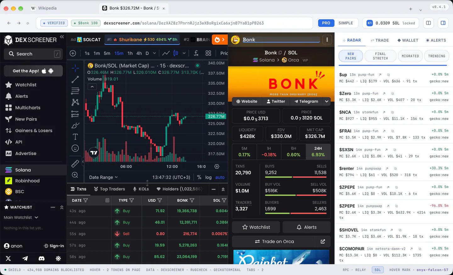 A token page on DexScreener: the page's own token is found from the header, and the chip beside the address bar carries its score.