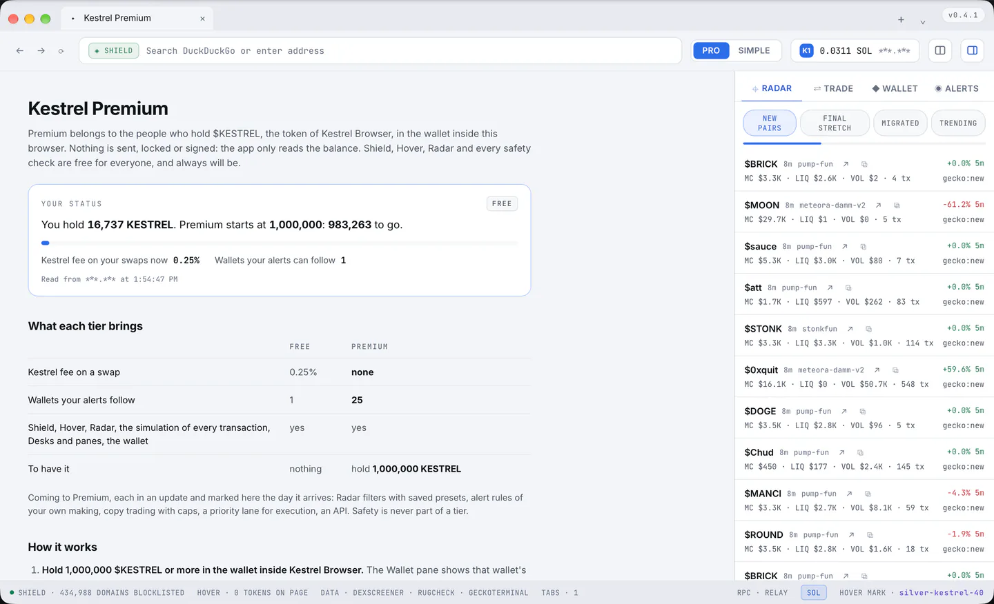 The Premium page: your own state first, then the table and how it works.