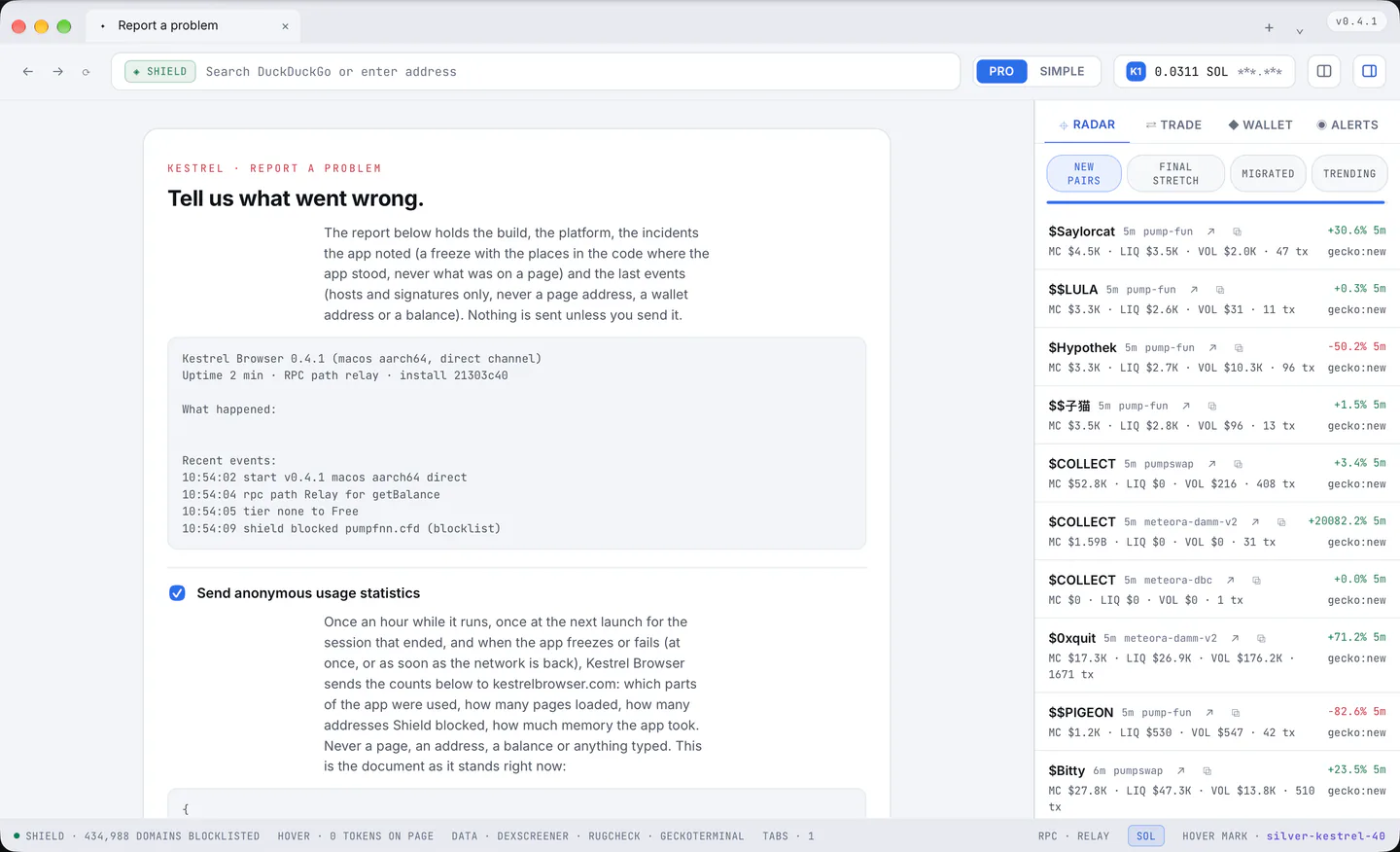 The report page: what a report would say, and the buttons that send it by your own hand.