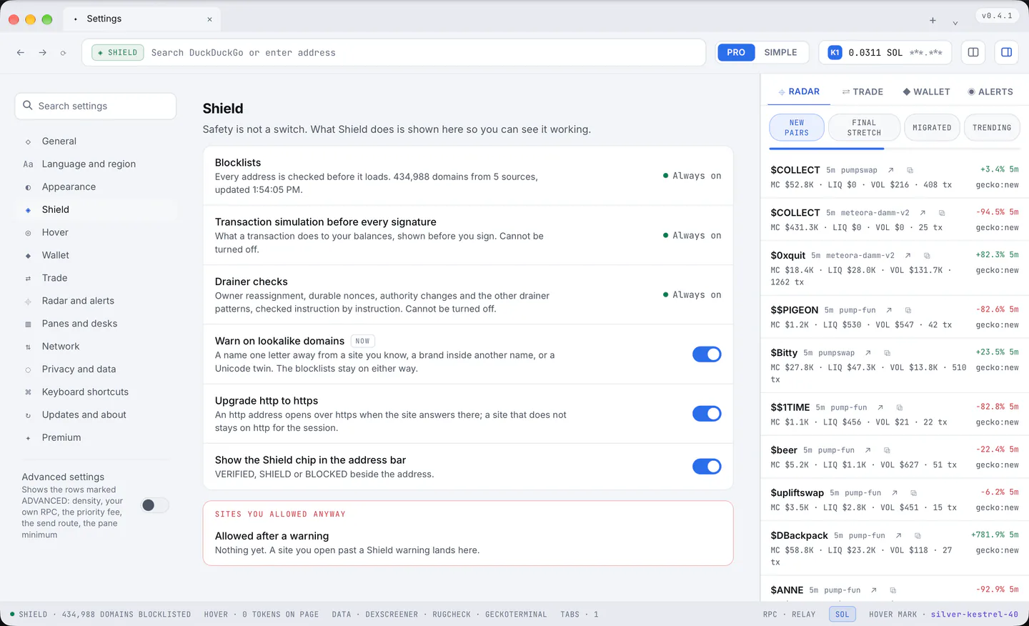 Settings > Shield: what is always on, the two warnings, the https upgrade, the chip, and the sites you allowed.