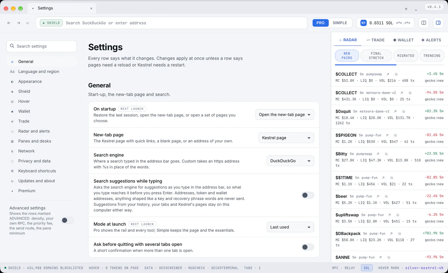 Settings: the fourteen sections down the left, the search box, and the Advanced settings switch.