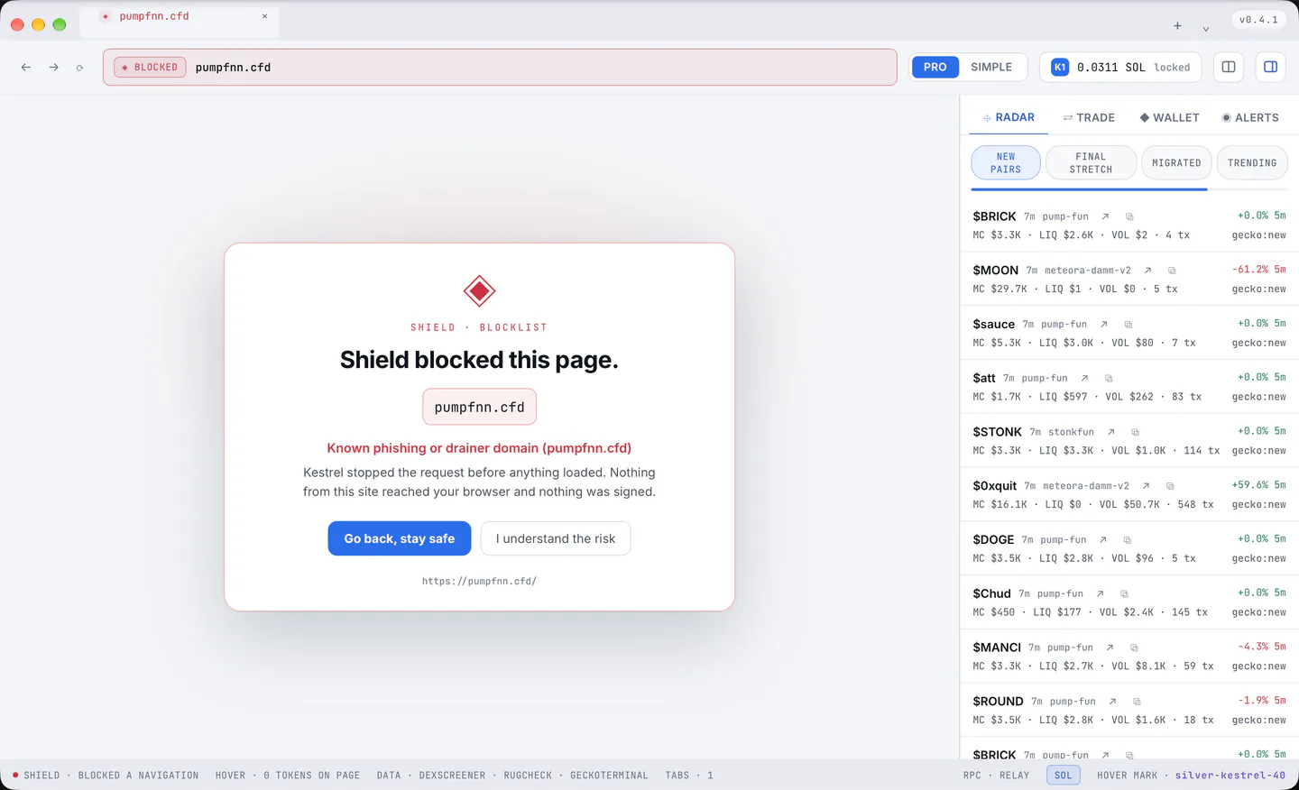 The block page for a listed domain: the host, the reason, and the two buttons; nothing from the site loaded.