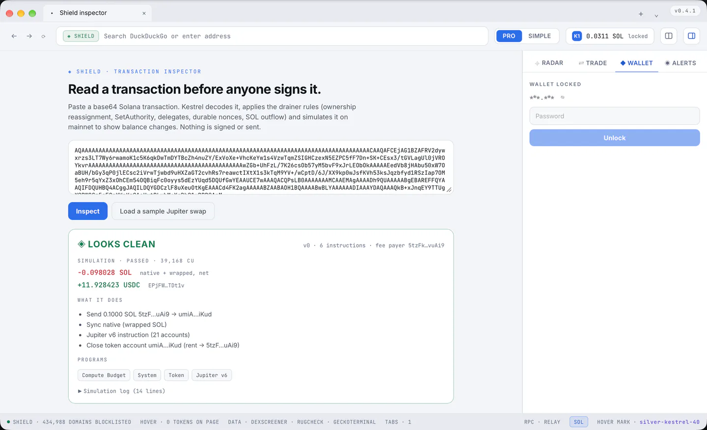 The locked wallet: the short address hidden with the eye, and the password field.