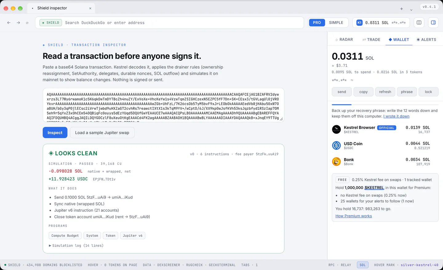 The open Wallet pane: the total in SOL and dollars, the actions, the backup reminder, the tokens, and the tier block.