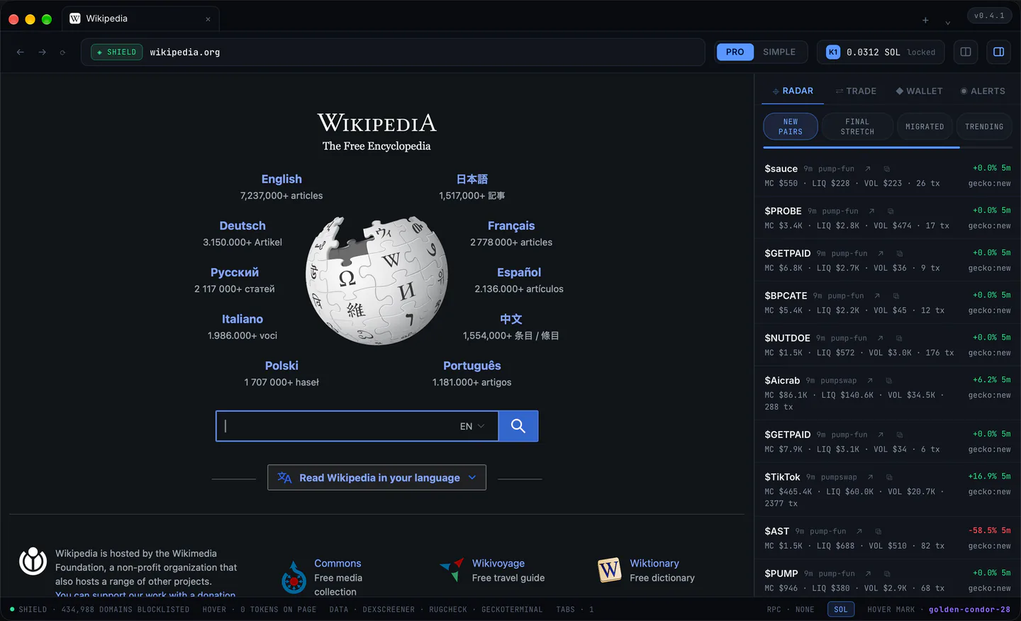 The dark theme: the window, the rail and Kestrel's own pages, and sites that offer a dark look.