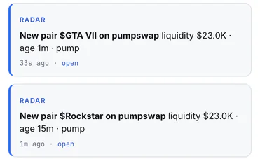 Two alerts as they arrive: a new pair with its liquidity, and a Shield block.