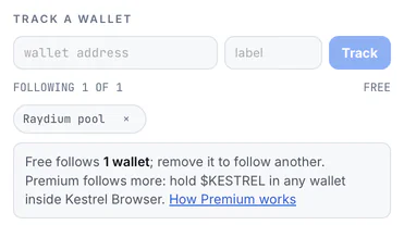 Following a wallet in the Alerts pane: the address and a label, following 1 of 1 on Free.