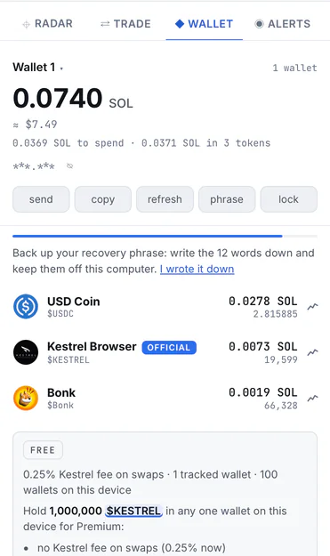 The Wallet pane: 0.0311 SOL in total, the actions, the backup reminder, the tokens with the official $KESTREL marked, and the Free tier block.