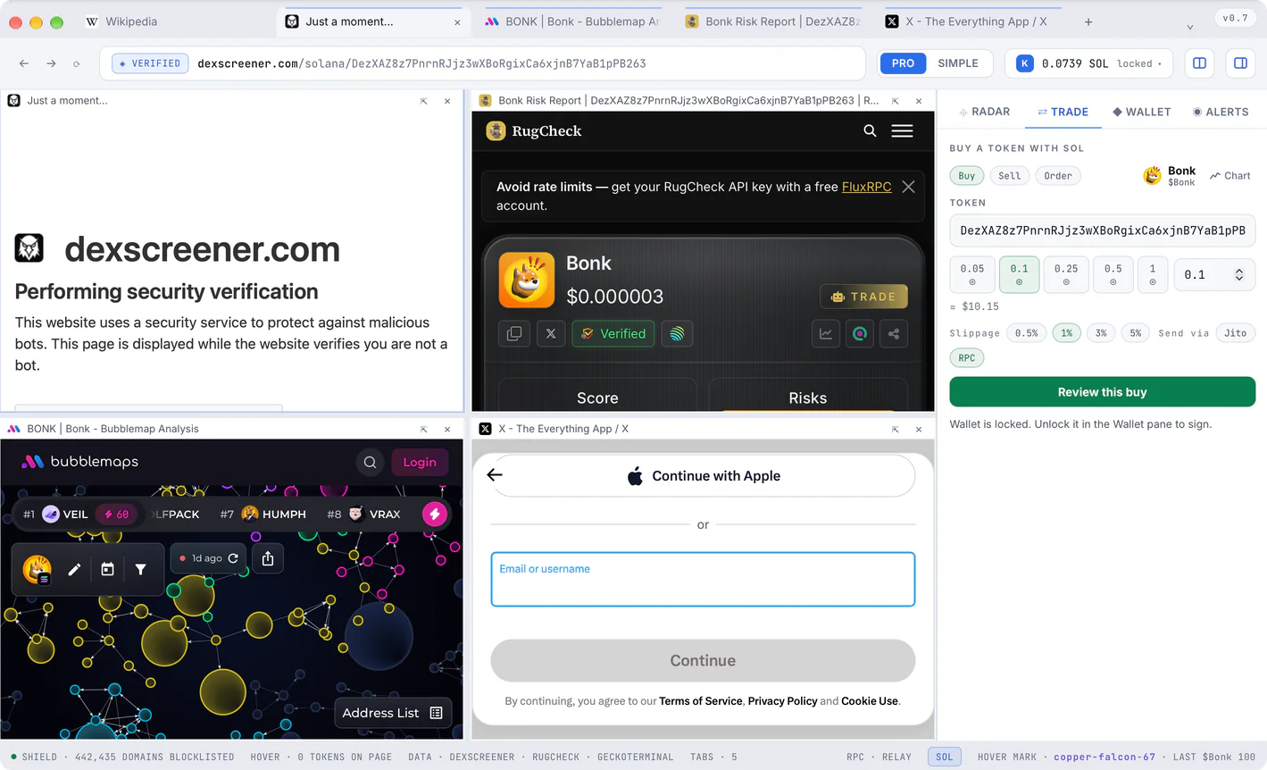 A token desk: four pages side by side for one token, the chart, RugCheck, the holders and X.