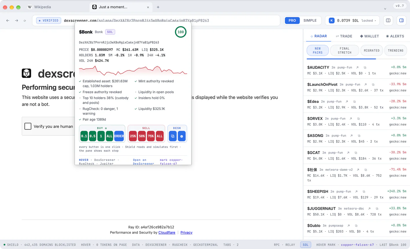 A token page on DexScreener in Kestrel Browser with the Hover card open over it and Radar in the rail.