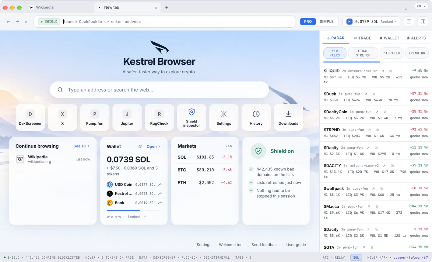 Kestrel Browser on a Mac: the start page with a sky, the search box, nine places, and cards for browsing, the wallet, the markets and Shield; the Radar list of new pairs in the rail.