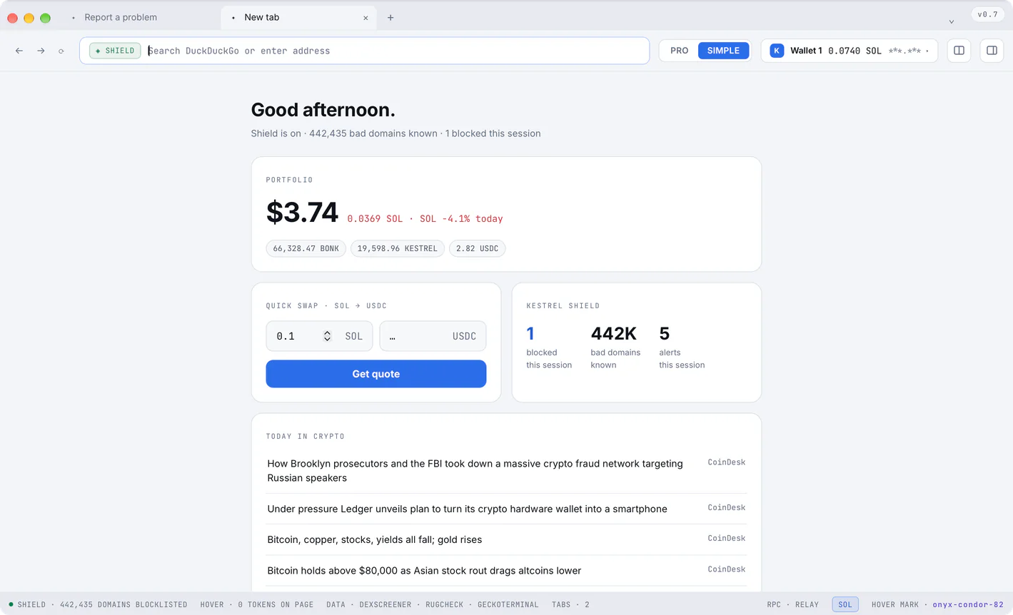 Simple mode's home: a greeting, the portfolio, a quick swap from SOL to USDC, what Shield blocked, and the day's headlines.