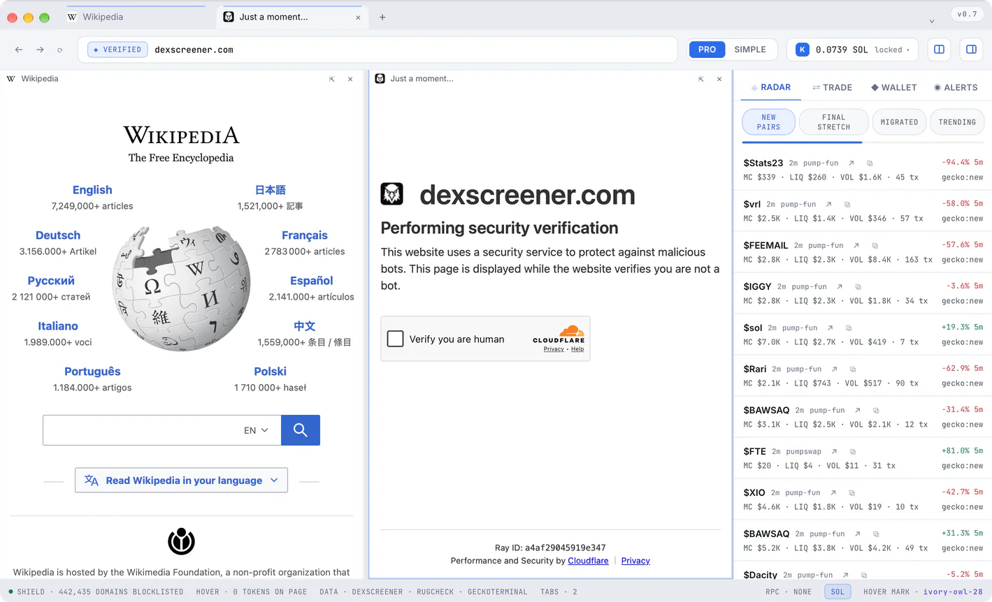 Split view: Wikipedia and DexScreener side by side in one window.